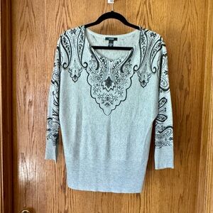 Alfani Silver Black Paisley Knit Sweater Metallic Scoop Neck 3/4 Sleeve Large